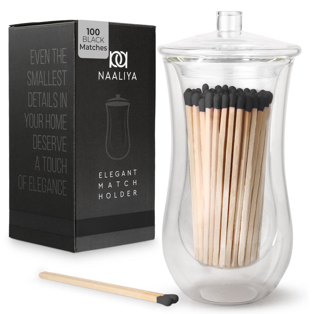 Elegant Glass Match Holder with 100 Long Black Matches